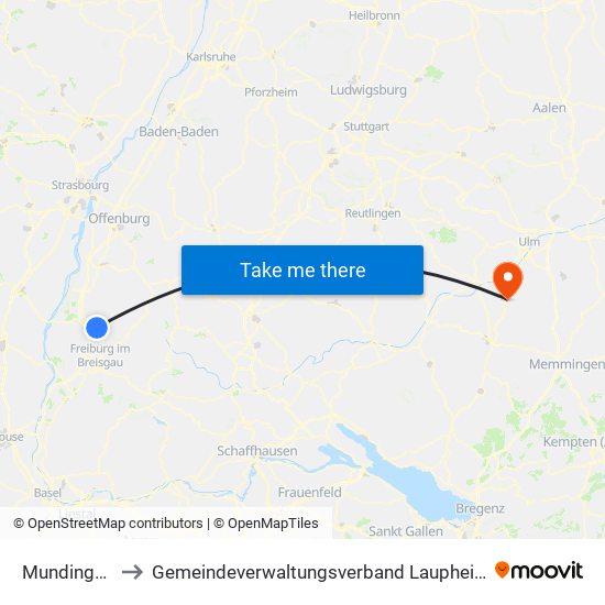Mundingen to Gemeindeverwaltungsverband Laupheim map