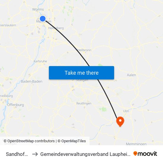 Sandhofen to Gemeindeverwaltungsverband Laupheim map