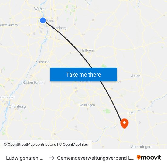 Ludwigshafen-Oppau to Gemeindeverwaltungsverband Laupheim map