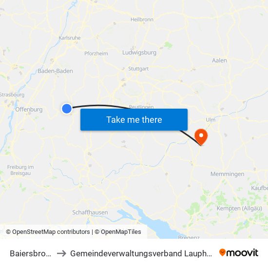 Baiersbronn to Gemeindeverwaltungsverband Laupheim map