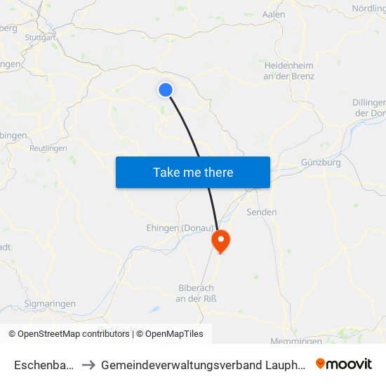 Eschenbach to Gemeindeverwaltungsverband Laupheim map