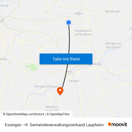 Essingen to Gemeindeverwaltungsverband Laupheim map
