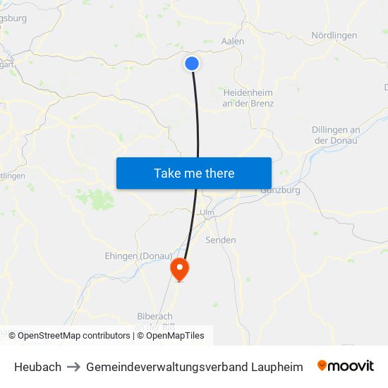 Heubach to Gemeindeverwaltungsverband Laupheim map