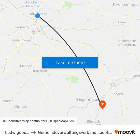 Ludwigsburg to Gemeindeverwaltungsverband Laupheim map