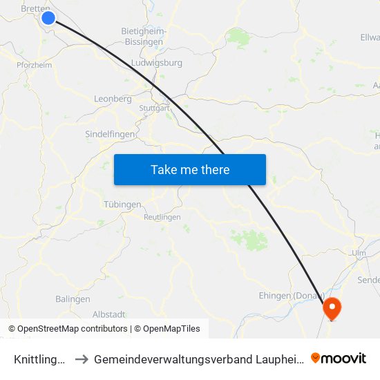 Knittlingen to Gemeindeverwaltungsverband Laupheim map