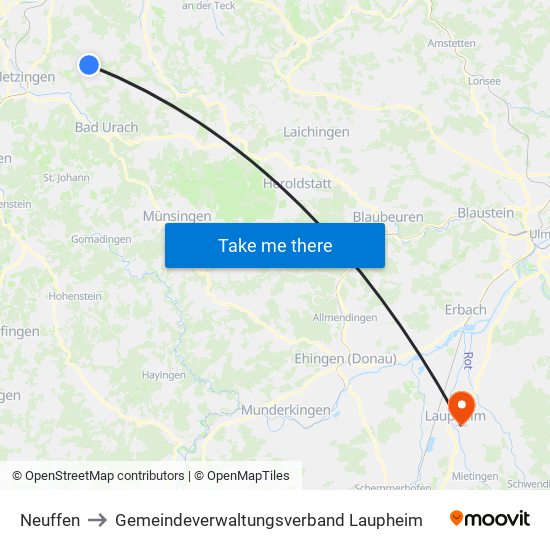 Neuffen to Gemeindeverwaltungsverband Laupheim map