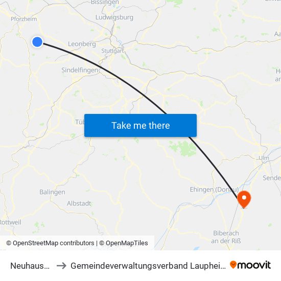Neuhausen to Gemeindeverwaltungsverband Laupheim map