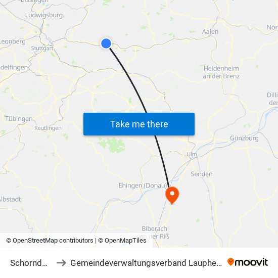 Schorndorf to Gemeindeverwaltungsverband Laupheim map