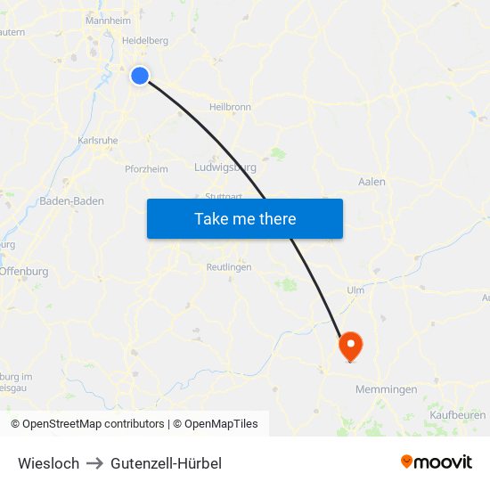 Wiesloch to Gutenzell-Hürbel map