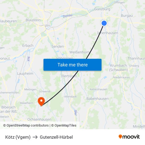 Kötz (Vgem) to Gutenzell-Hürbel map