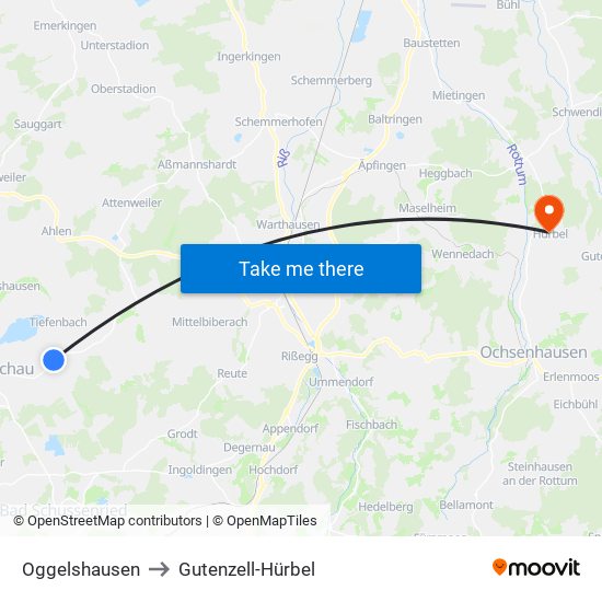 Oggelshausen to Gutenzell-Hürbel map