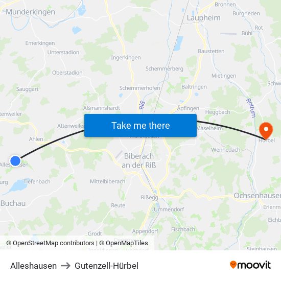 Alleshausen to Gutenzell-Hürbel map
