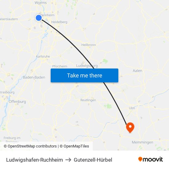 Ludwigshafen-Ruchheim to Gutenzell-Hürbel map