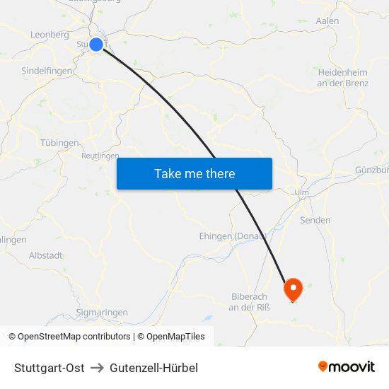 Stuttgart-Ost to Gutenzell-Hürbel map