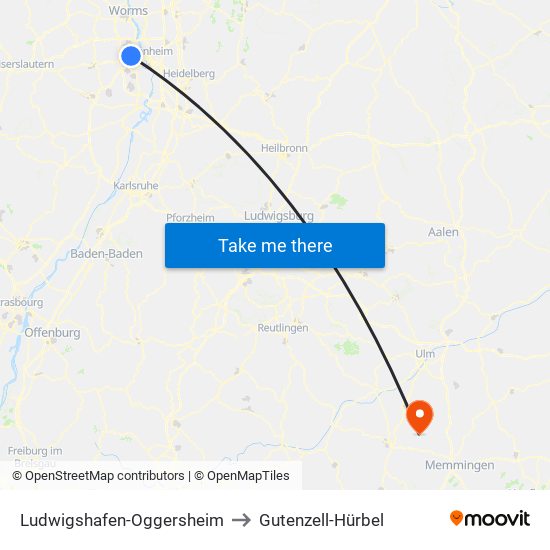 Ludwigshafen-Oggersheim to Gutenzell-Hürbel map