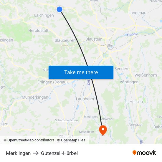 Merklingen to Gutenzell-Hürbel map