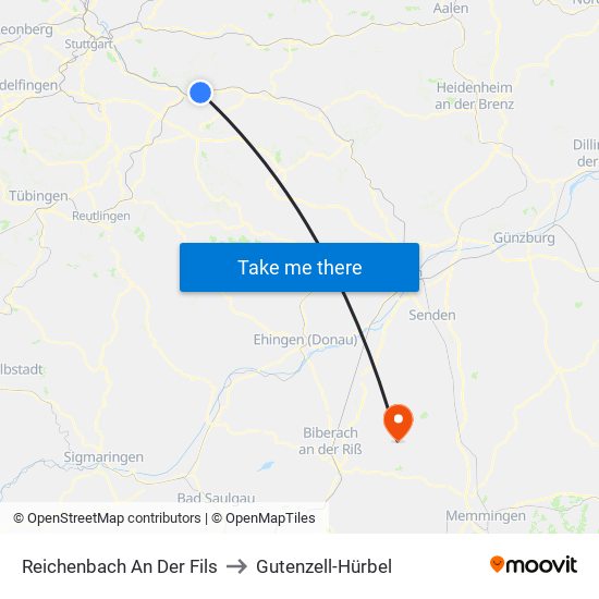 Reichenbach An Der Fils to Gutenzell-Hürbel map