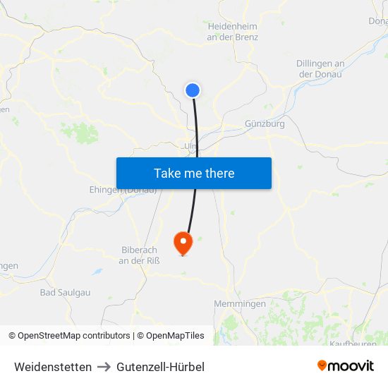 Weidenstetten to Gutenzell-Hürbel map