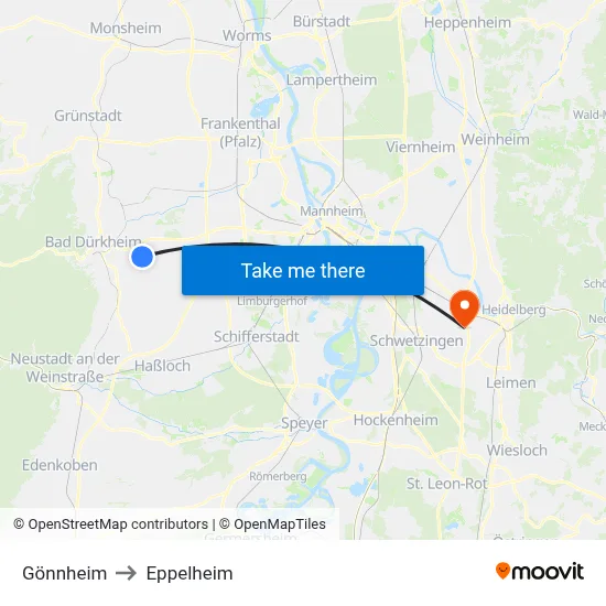 Gönnheim to Eppelheim map
