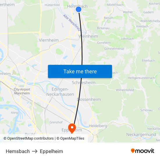 Hemsbach to Eppelheim map