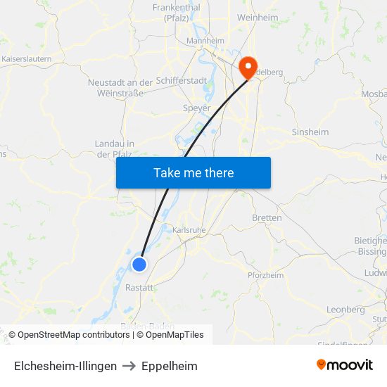 Elchesheim-Illingen to Eppelheim map