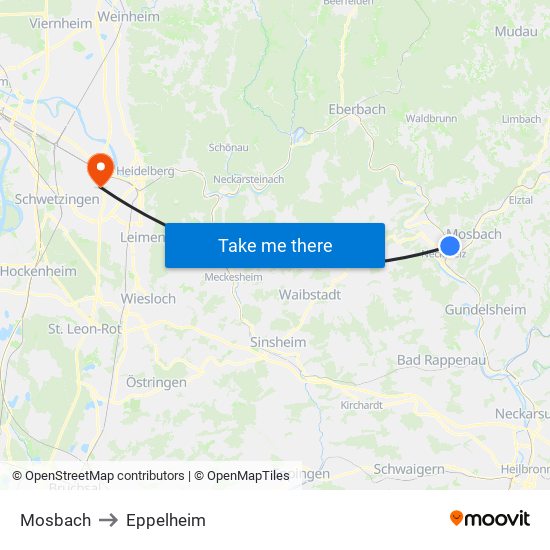 Mosbach to Eppelheim map