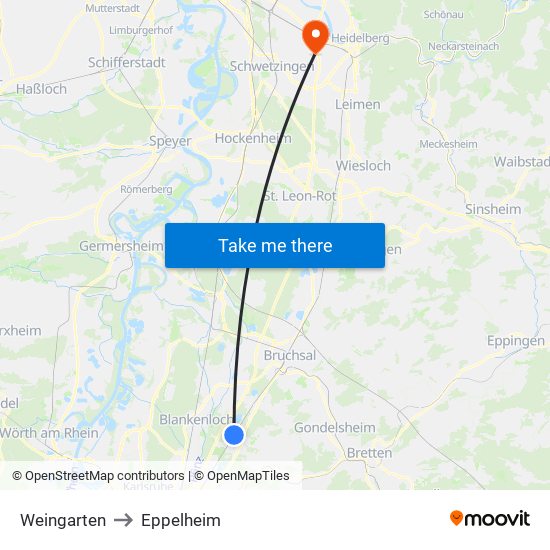 Weingarten to Eppelheim map