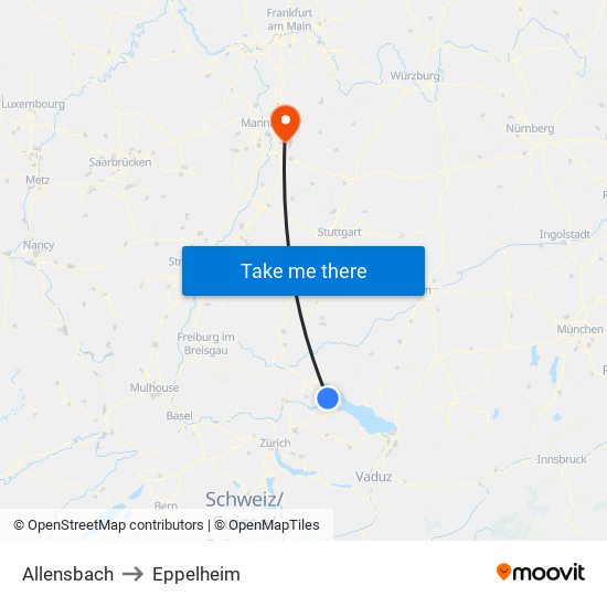 Allensbach to Eppelheim map