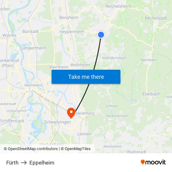 Fürth to Eppelheim map