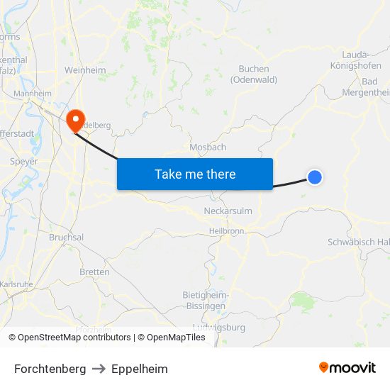 Forchtenberg to Eppelheim map