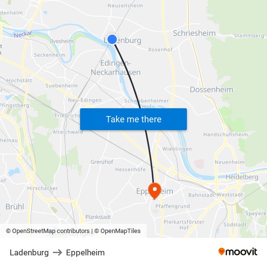 Ladenburg to Eppelheim map