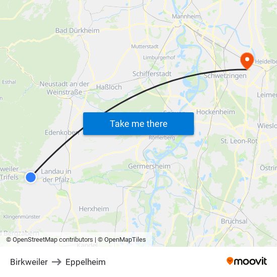 Birkweiler to Eppelheim map