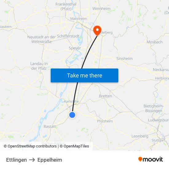 Ettlingen to Eppelheim map