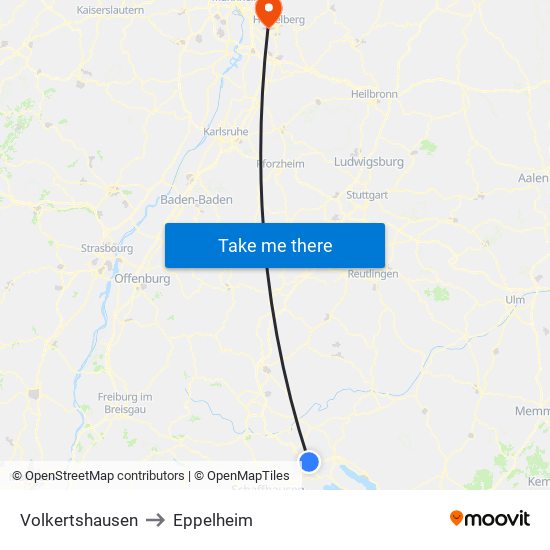 Volkertshausen to Eppelheim map