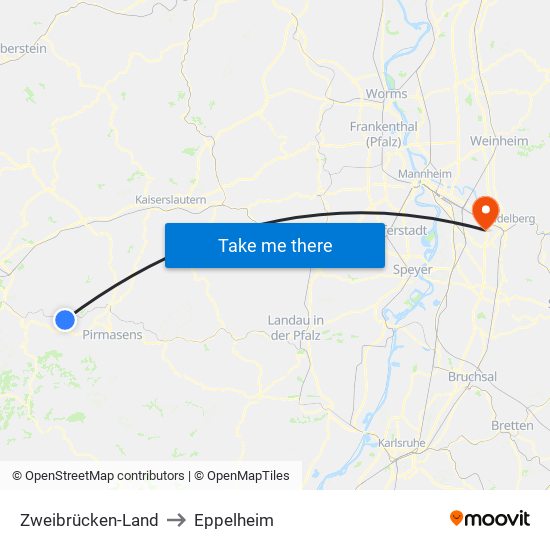 Zweibrücken-Land to Eppelheim map