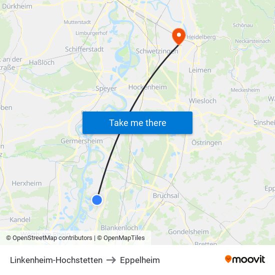 Linkenheim-Hochstetten to Eppelheim map