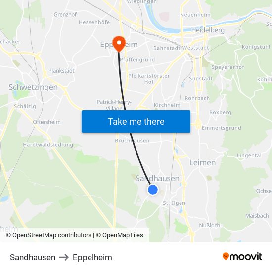 Sandhausen to Eppelheim map