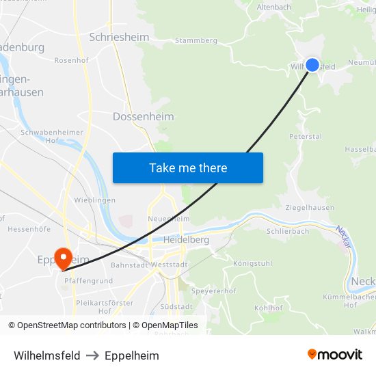 Wilhelmsfeld to Eppelheim map