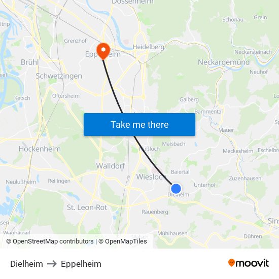 Dielheim to Eppelheim map