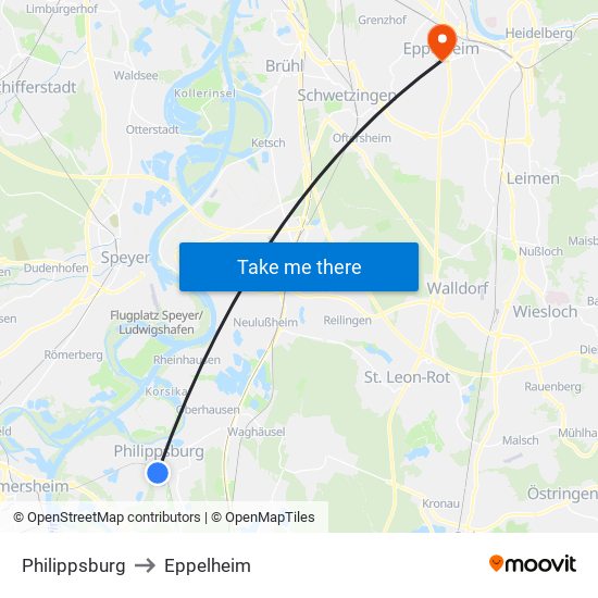 Philippsburg to Eppelheim map