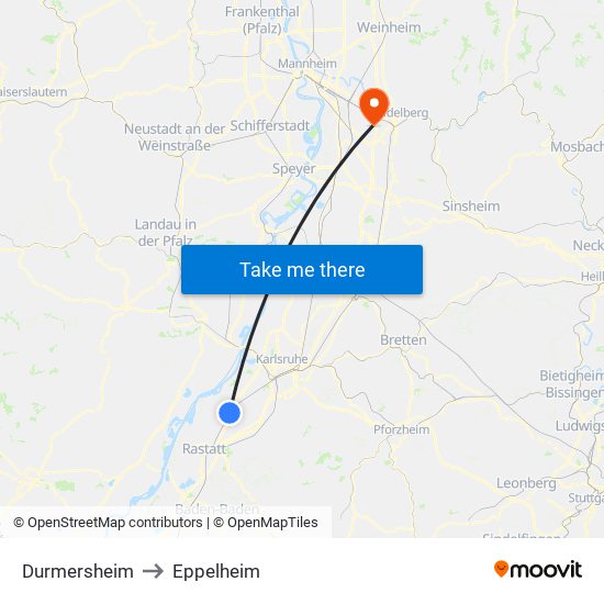 Durmersheim to Eppelheim map