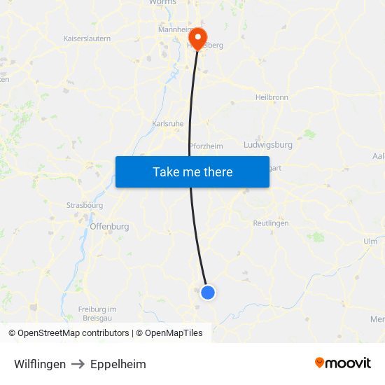 Wilflingen to Eppelheim map