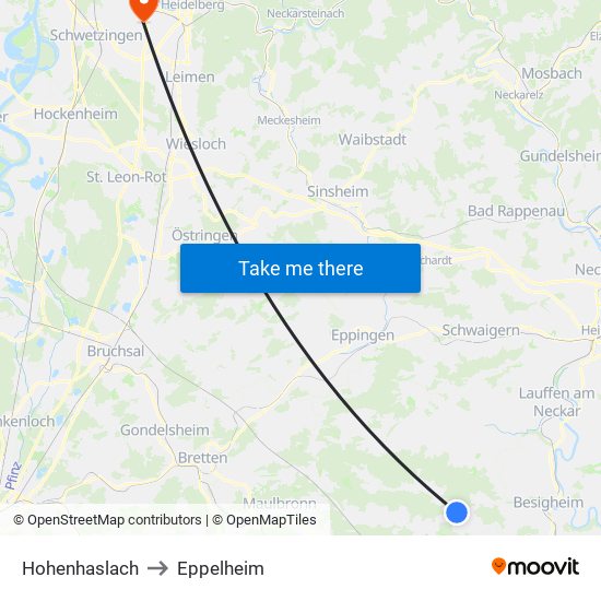 Hohenhaslach to Eppelheim map