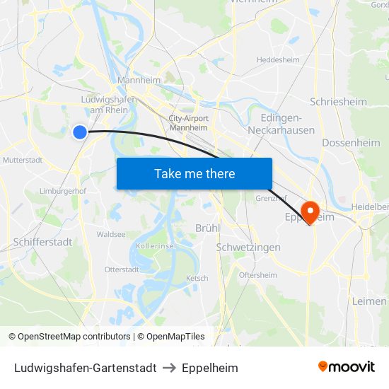 Ludwigshafen-Gartenstadt to Eppelheim map