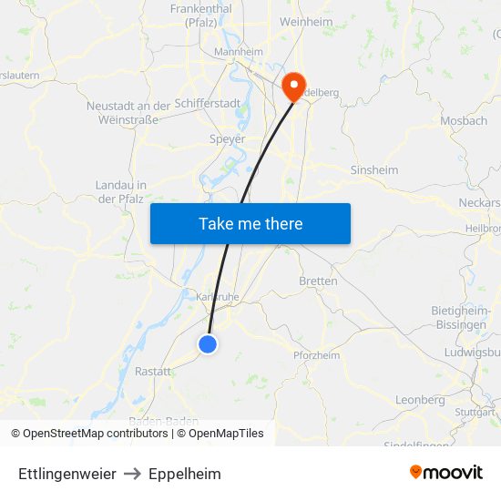 Ettlingenweier to Eppelheim map