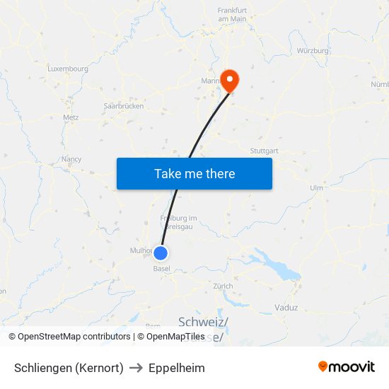 Schliengen (Kernort) to Eppelheim map