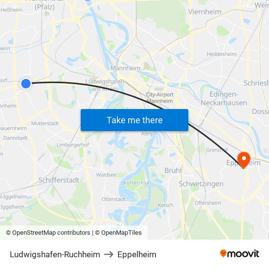 Ludwigshafen-Ruchheim to Eppelheim map