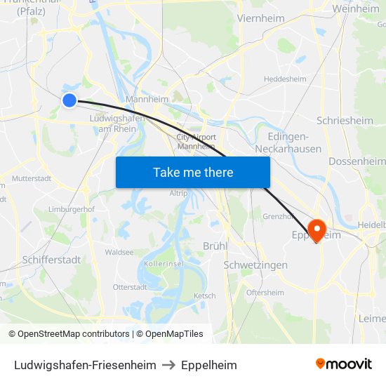 Ludwigshafen-Friesenheim to Eppelheim map