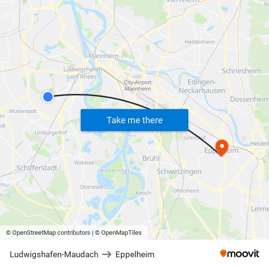 Ludwigshafen-Maudach to Eppelheim map