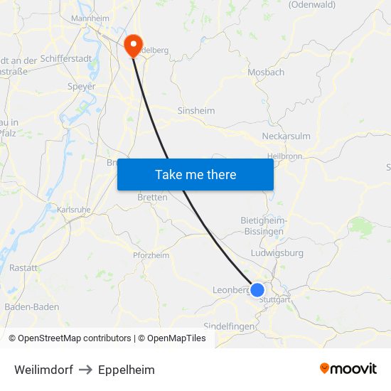 Weilimdorf to Eppelheim map